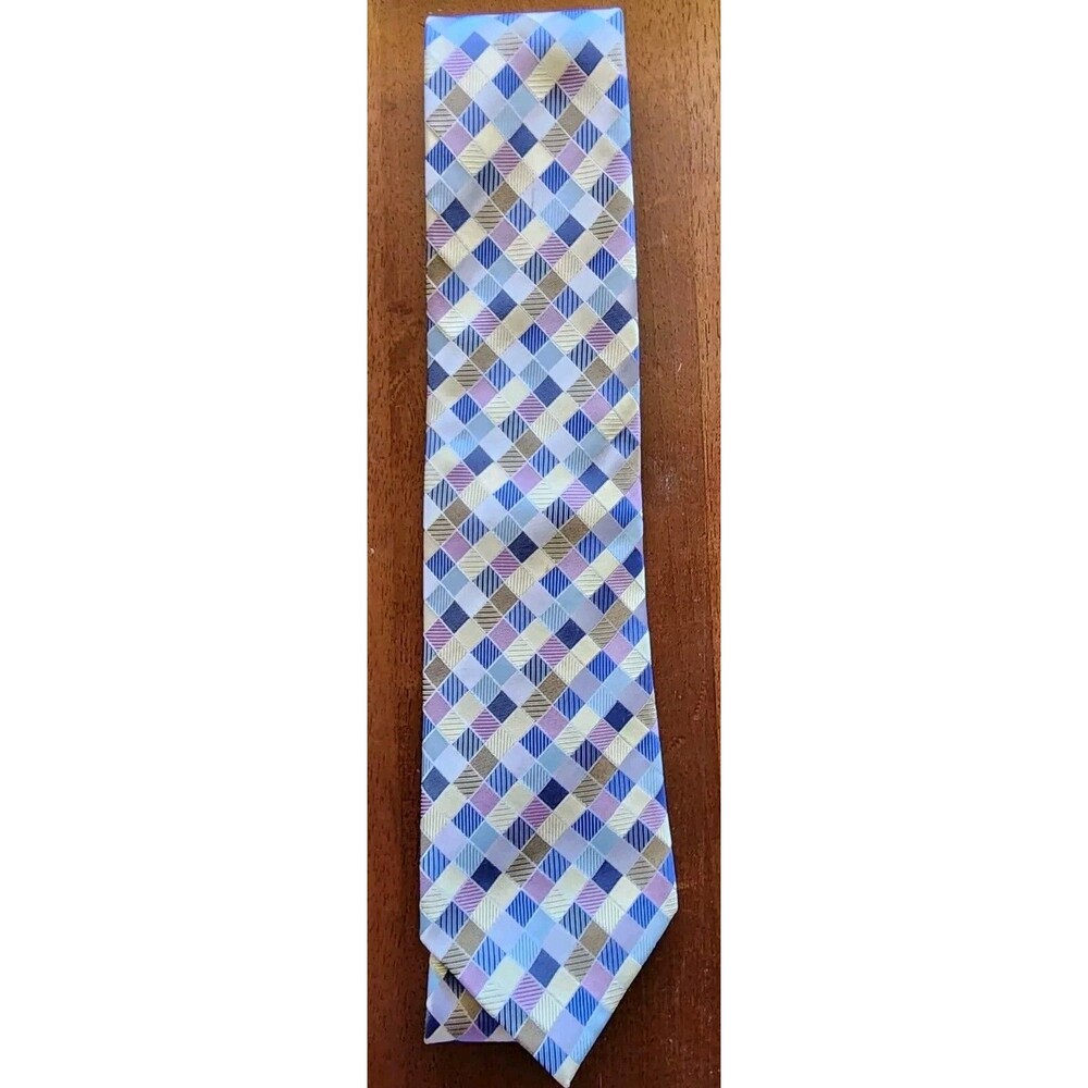 Geoffrey Beene Mens Silk Necktie Blue Gray Geometric Check Classic Handmade